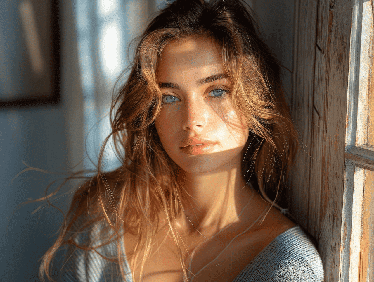 Young woman with wavy hair gazing thoughtfully by a sunlit window.