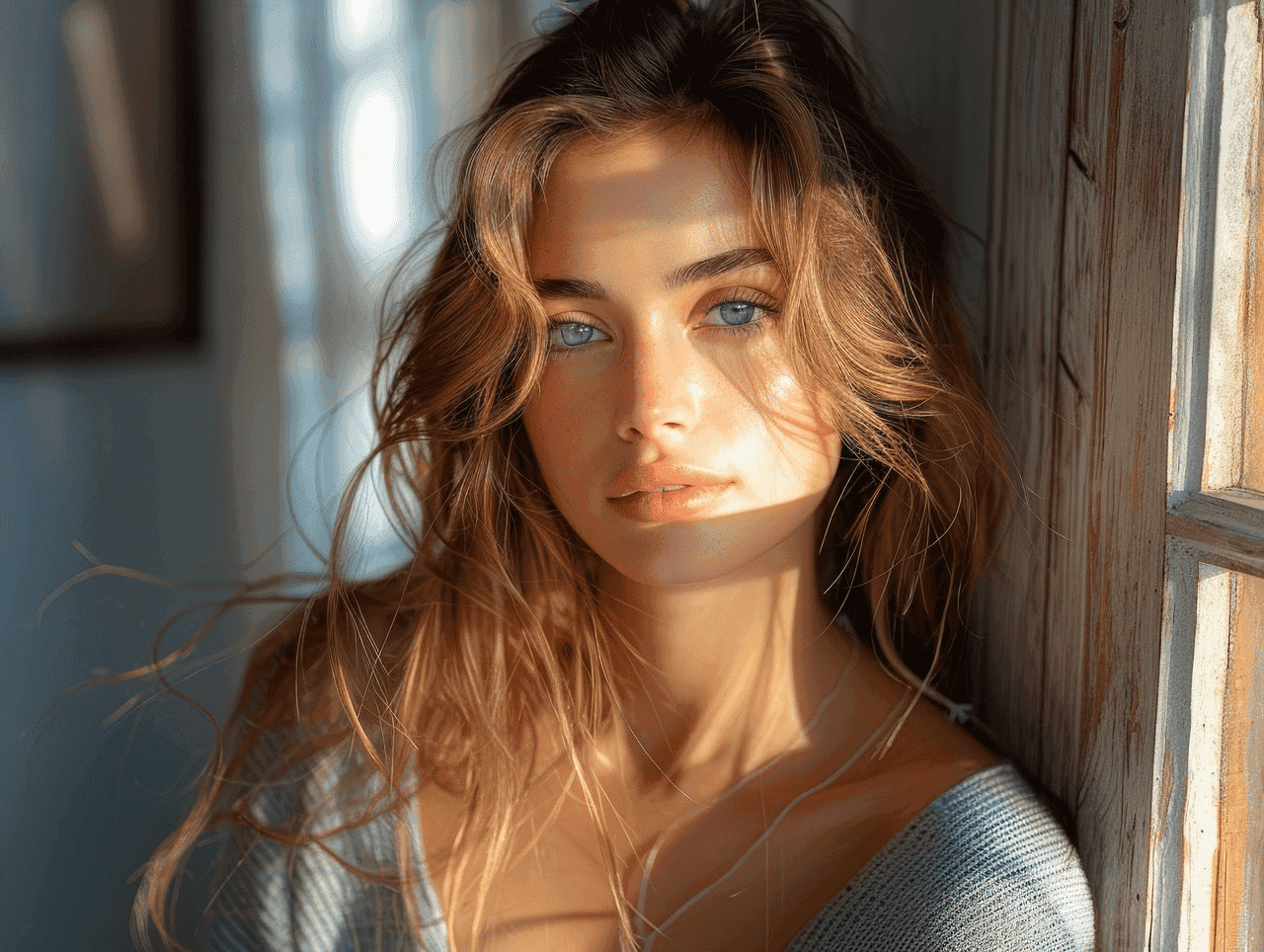 Young woman with wavy hair gazing thoughtfully by a sunlit window.