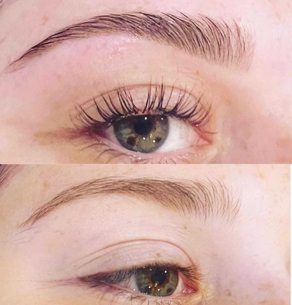Close-up of two eyes showing before and after eyebrow threading.