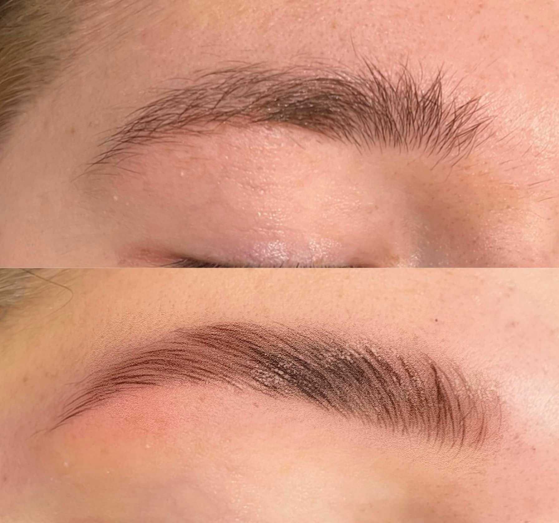 Before and after of eyebrow microblading, showing significant enhancement and definition.